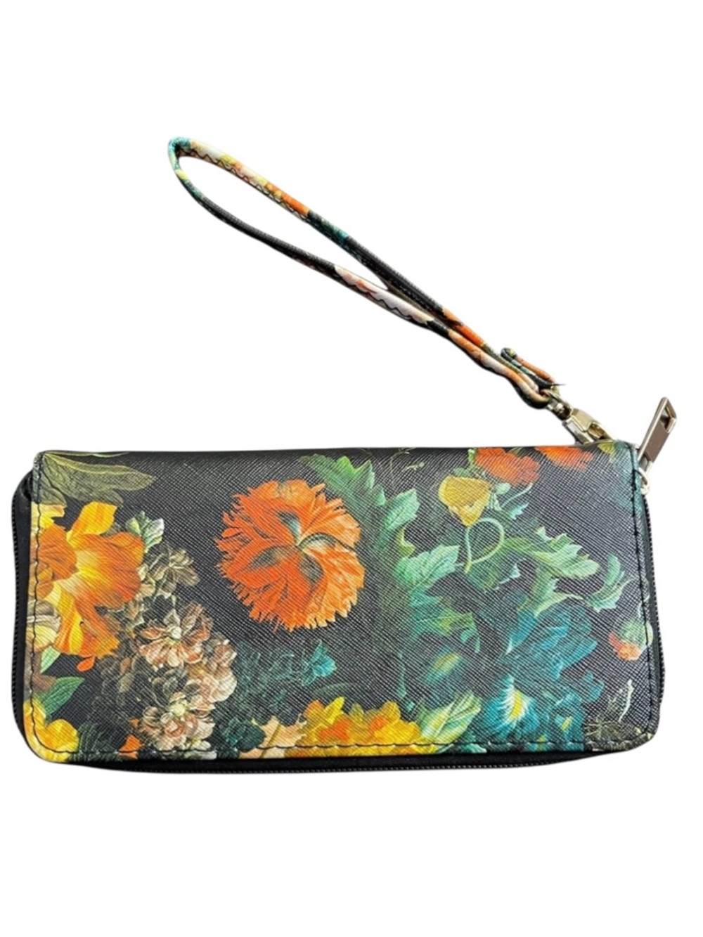 Black/Orange/Green Floral Zip Around Wristlet Vegan Leather Wallet